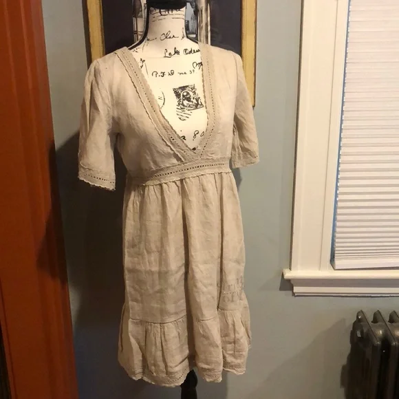 chinese dress ladies Liya White Crochet Panel Linen Shirt Dress 42 / White main image 0